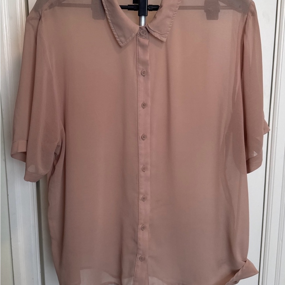 Wild Fable XXL Sheer Pink Button Up Shirt Short Sleeve Blouse 100% Recycled Poly